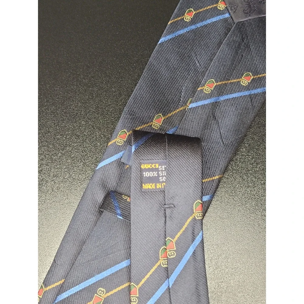 Gucci Men's Necktie Navy Blue Crest Stripe Silk Excellent